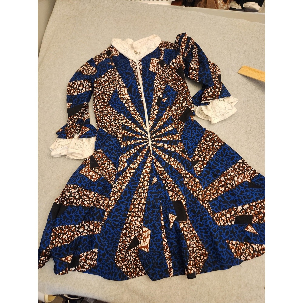 Handmade Dress Womens M Blue Brown Geometric Mod Long Sleeve Lace Collar Whimsy